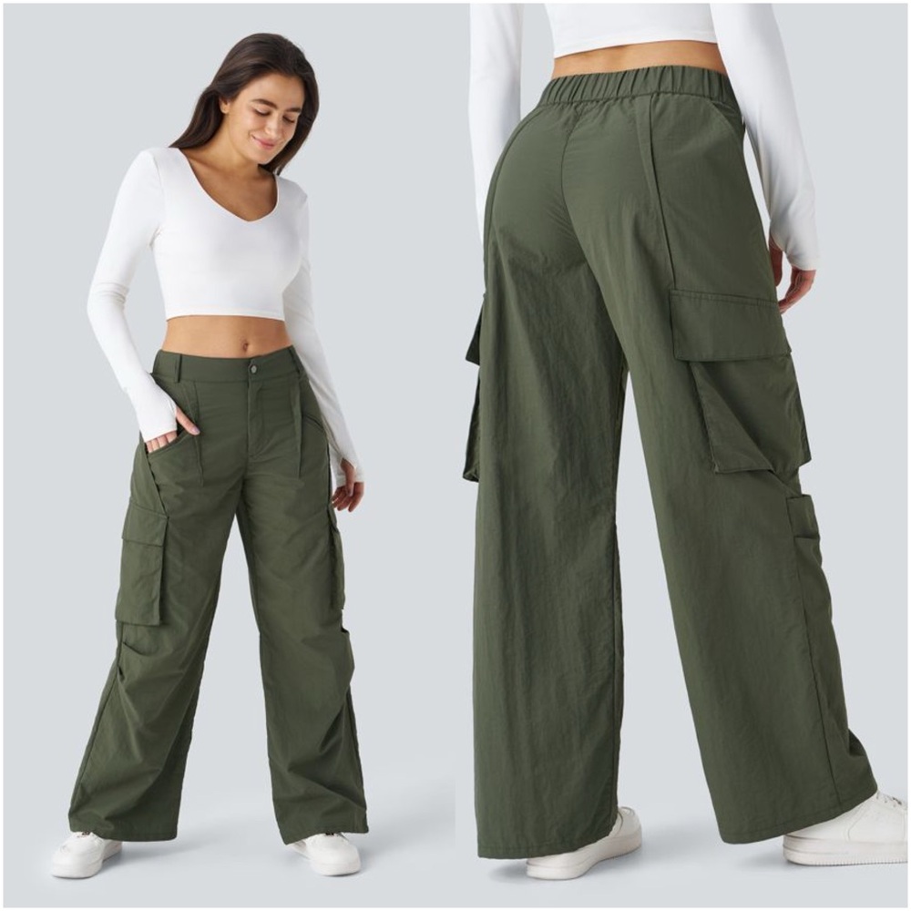 HALARA Olive Cargo Wide-Leg Pants in Dark Green